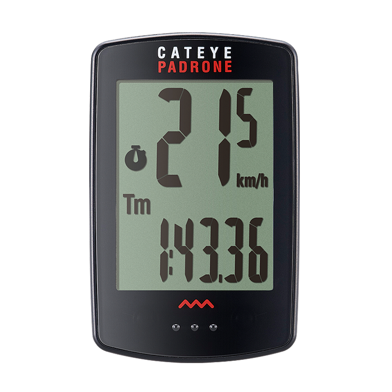 Cateye Padrone Bike Computer - glack with screen and digital numbers.