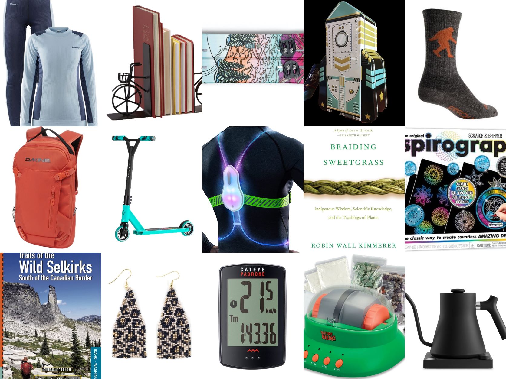 collage of gift guide items, including backpack, books, snowboard, earrings, and scooter.