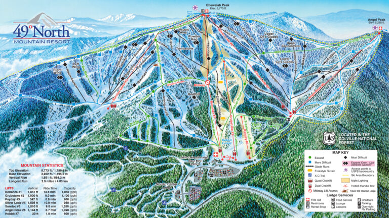 Trail map of ski runs at 49 Degrees North.